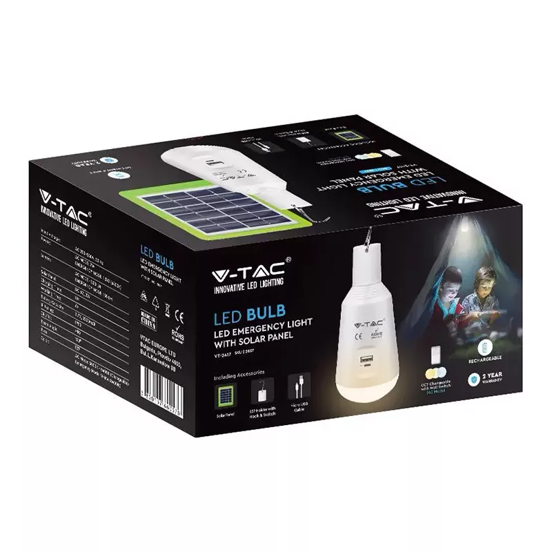 Bec LED E27 7W 3in1 cu acumulator solar V-TAC, alb rece, alb cald, alb mediu, 500 lumen, 230 V AC [3]