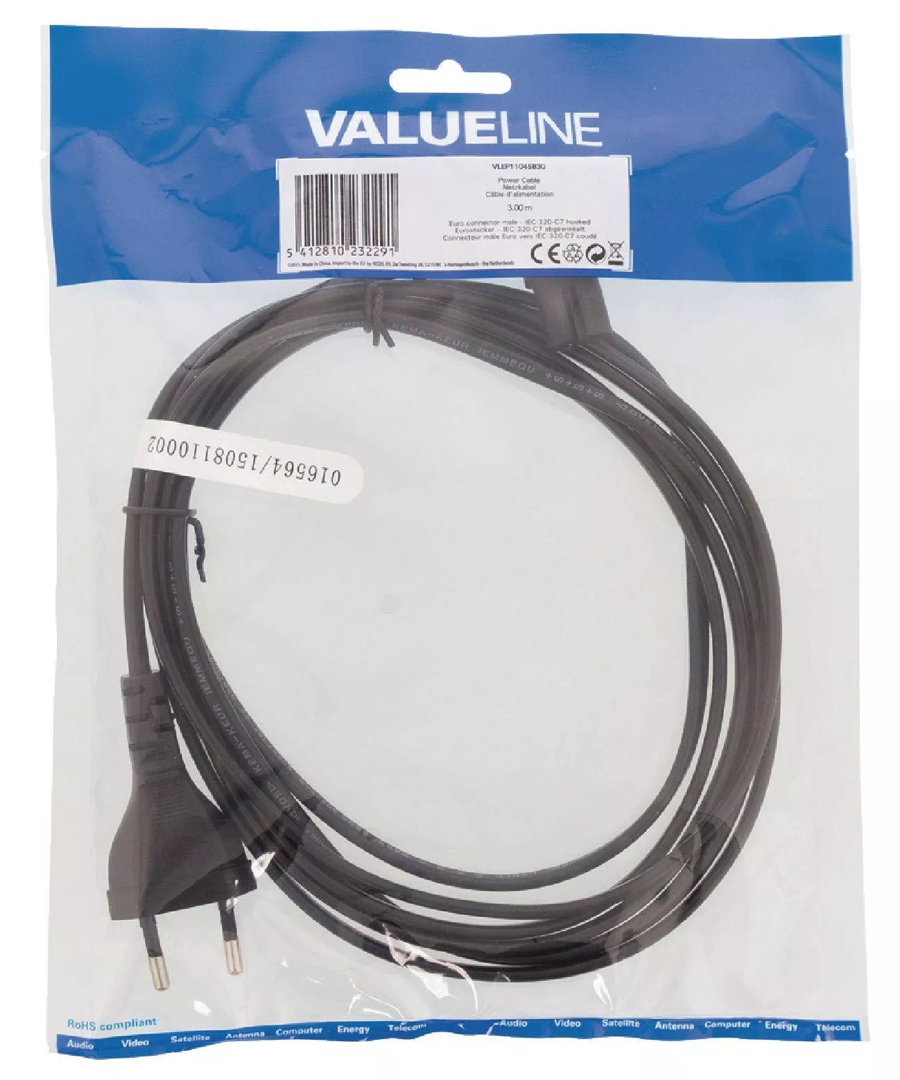 Cablu alimentare priza tata Euro 2 pini unghi 3m Valueline cupru 2 x 0.75 mm [1]