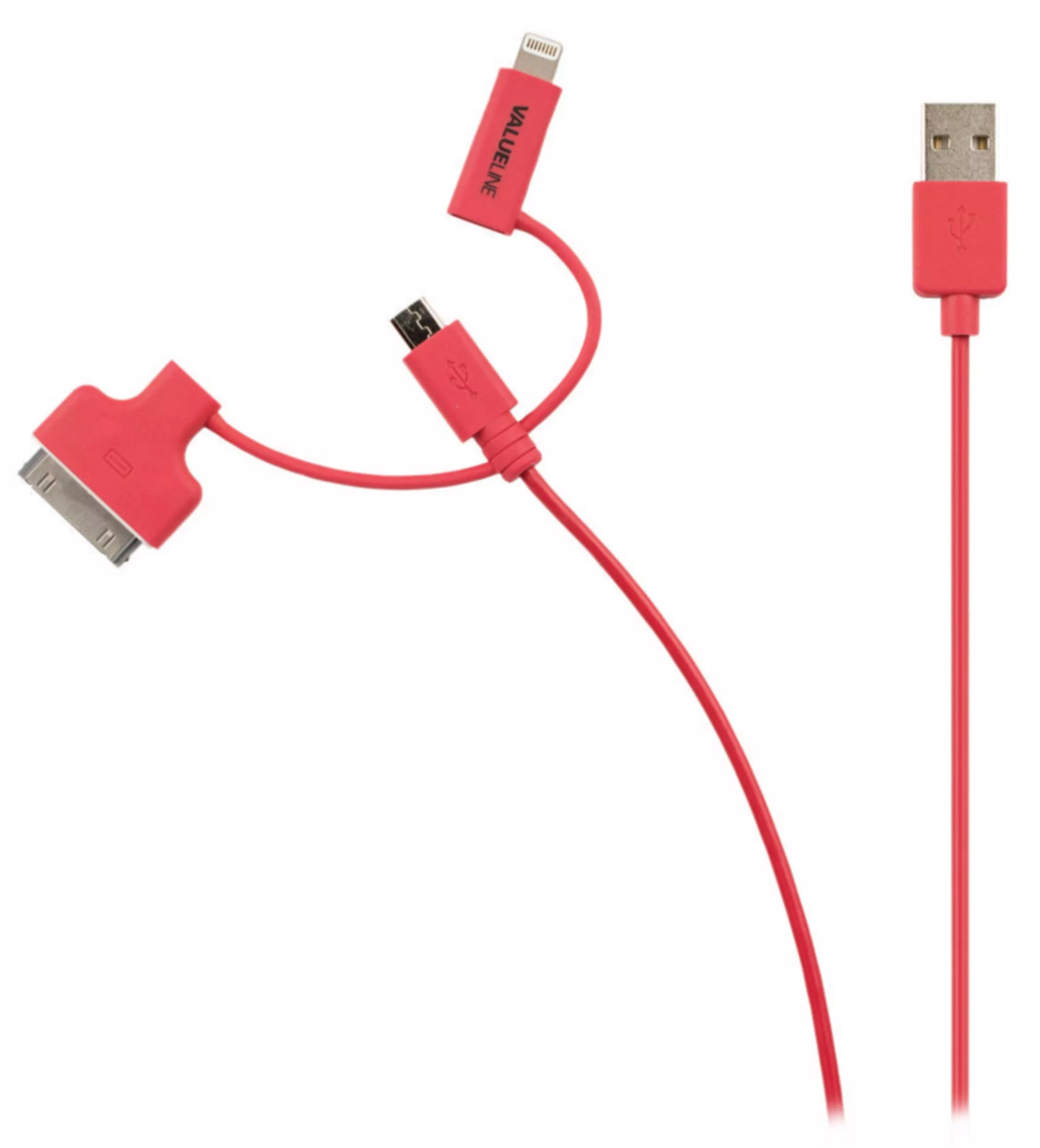 Cabluri telefon-tableta - Cablu alimentare și sincronizare roșu USB 2.0 - micro USB + adaptor lightning + Apple Dock 30 pini 1m cupru Valueline – IoElectronice.ro