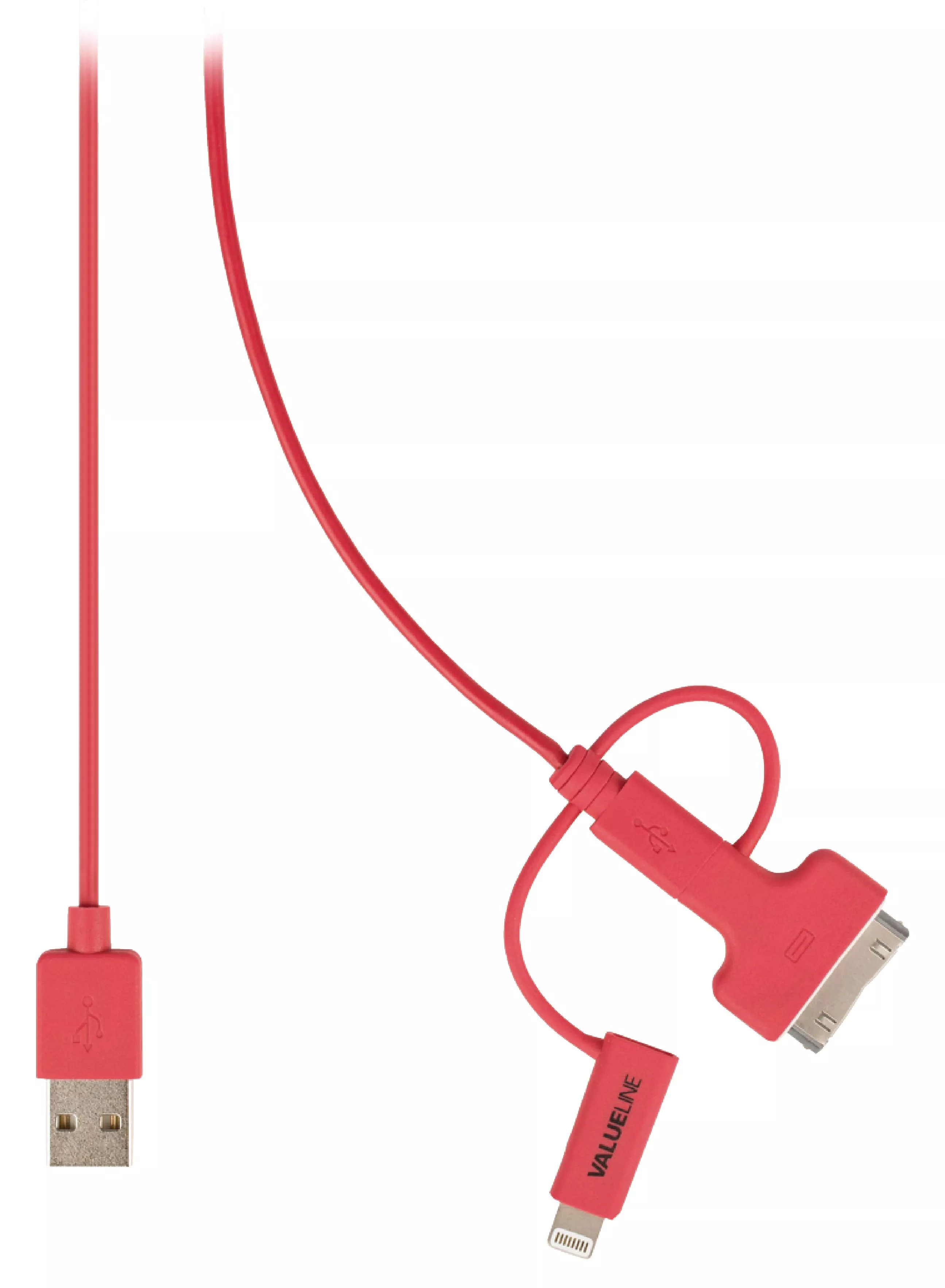 Cablu alimentare și sincronizare USB 2.0 1m Valueline roșu, conectori Apple, micro USB și USB A [1]