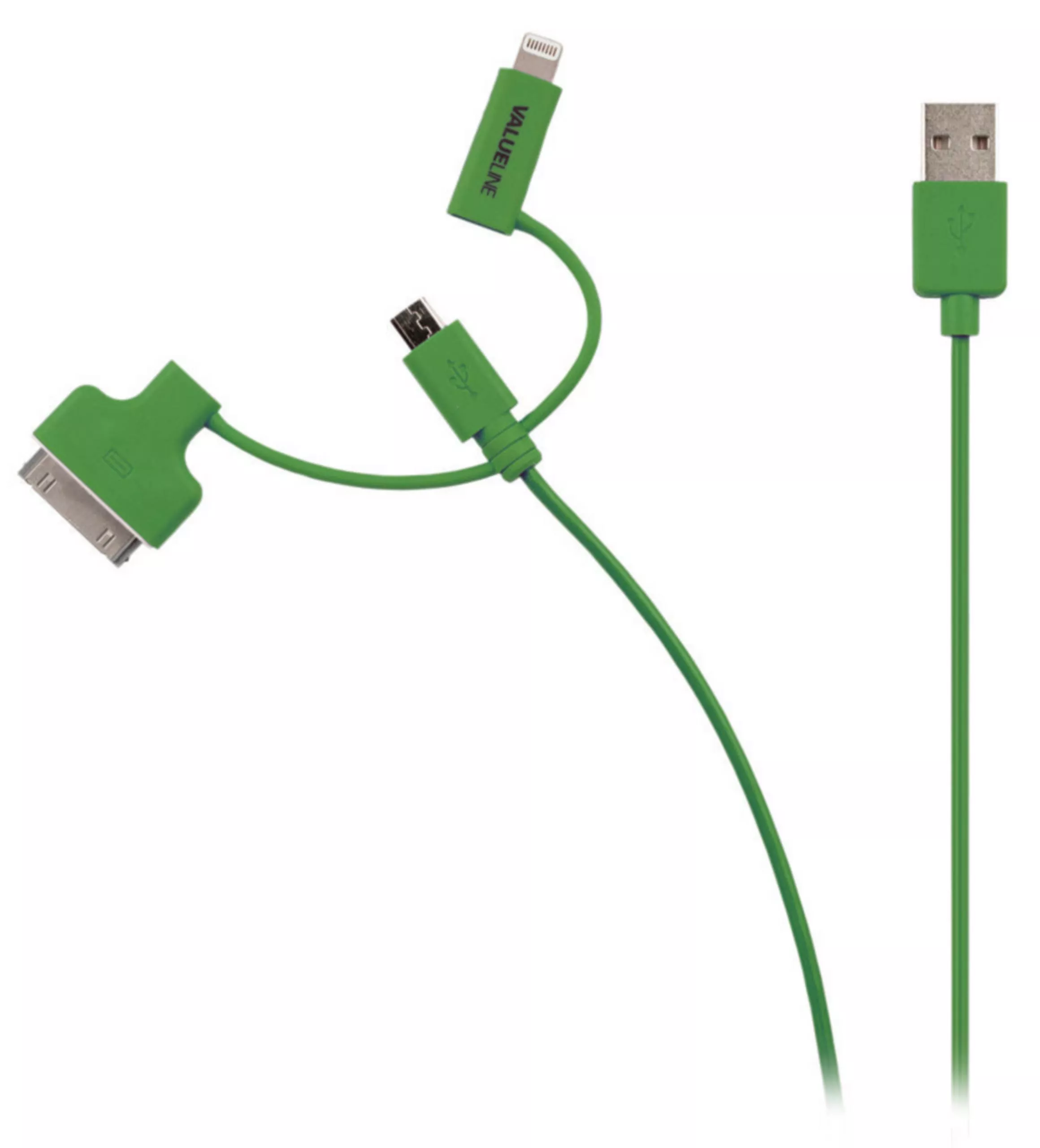 Cabluri telefon-tableta - Cablu alimentare și sincronizare verde USB 2.0 - micro USB + adaptor lightning + Apple Dock 30 pini 1m cupru Valueline – IoElectronice.ro