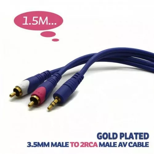 Cabluri - Cablu audio Jack 3.5 mm la 2x RCA 1.5m placat cu aur OEM, cupru, albastru