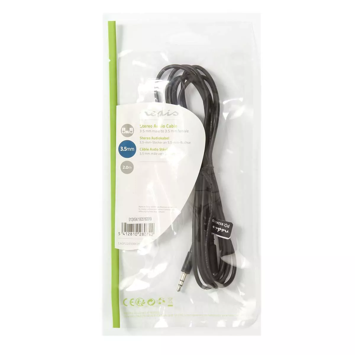 Cablu audio Jack 3.5 mm tata - 3.5 mm mama 2m stereo Nedis, culoare neagră, conexiune standard. [2]
