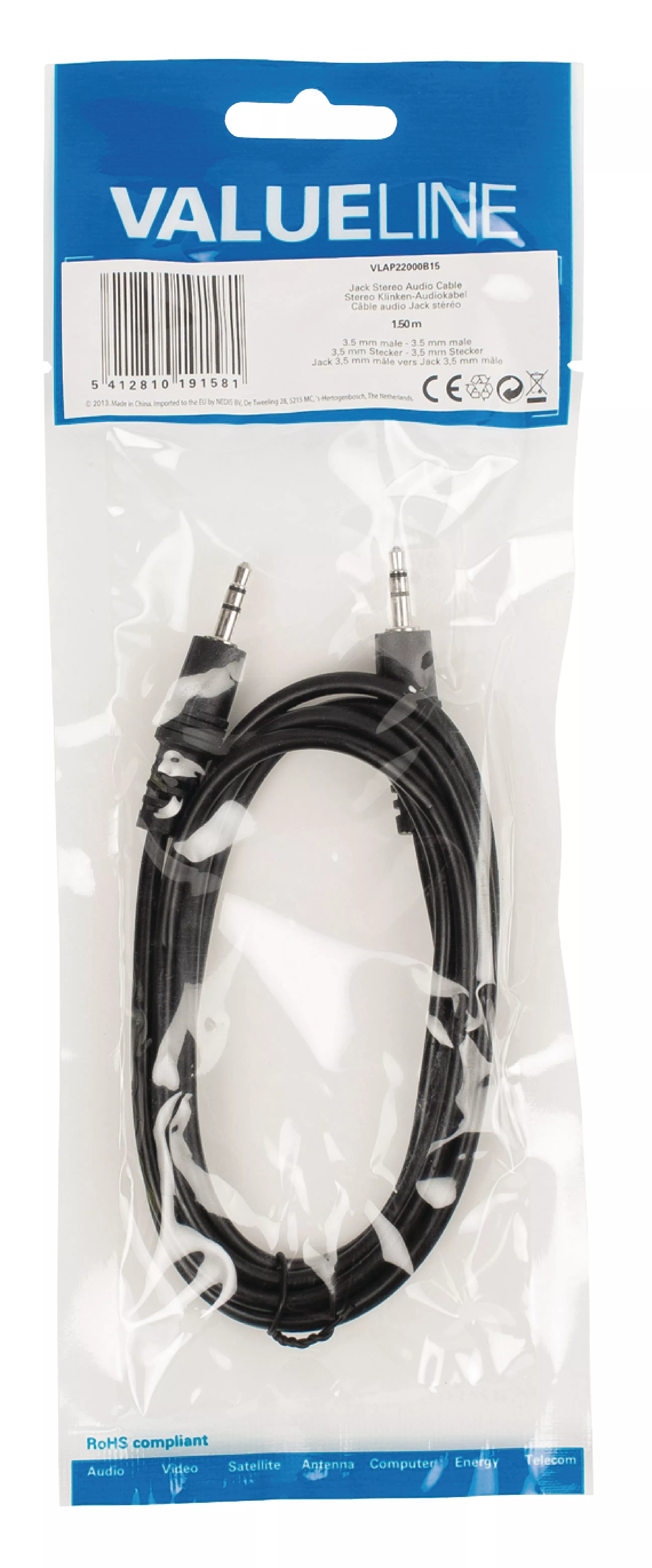 Cablu audio Jack Stereo 3.5 mm tata 1.5m Valueline negru conexiune 3.5 mm⇔3.5 mm [1]