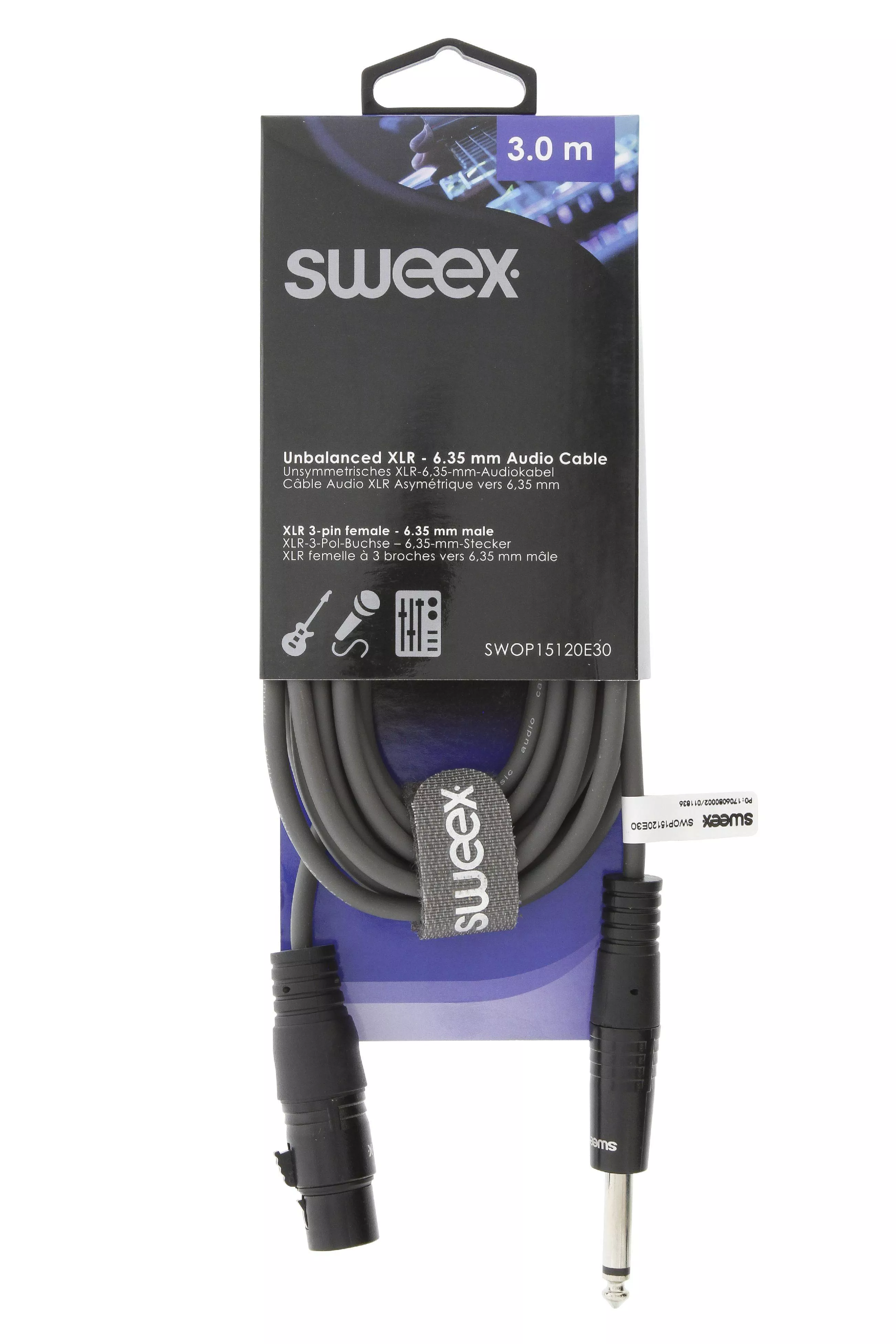 Cablu audio mono XLR 3 pini mama - Jack 6.35 mm tata 3m Sweex gri, conectori XLR și Jack, garanție 24 luni. [1]