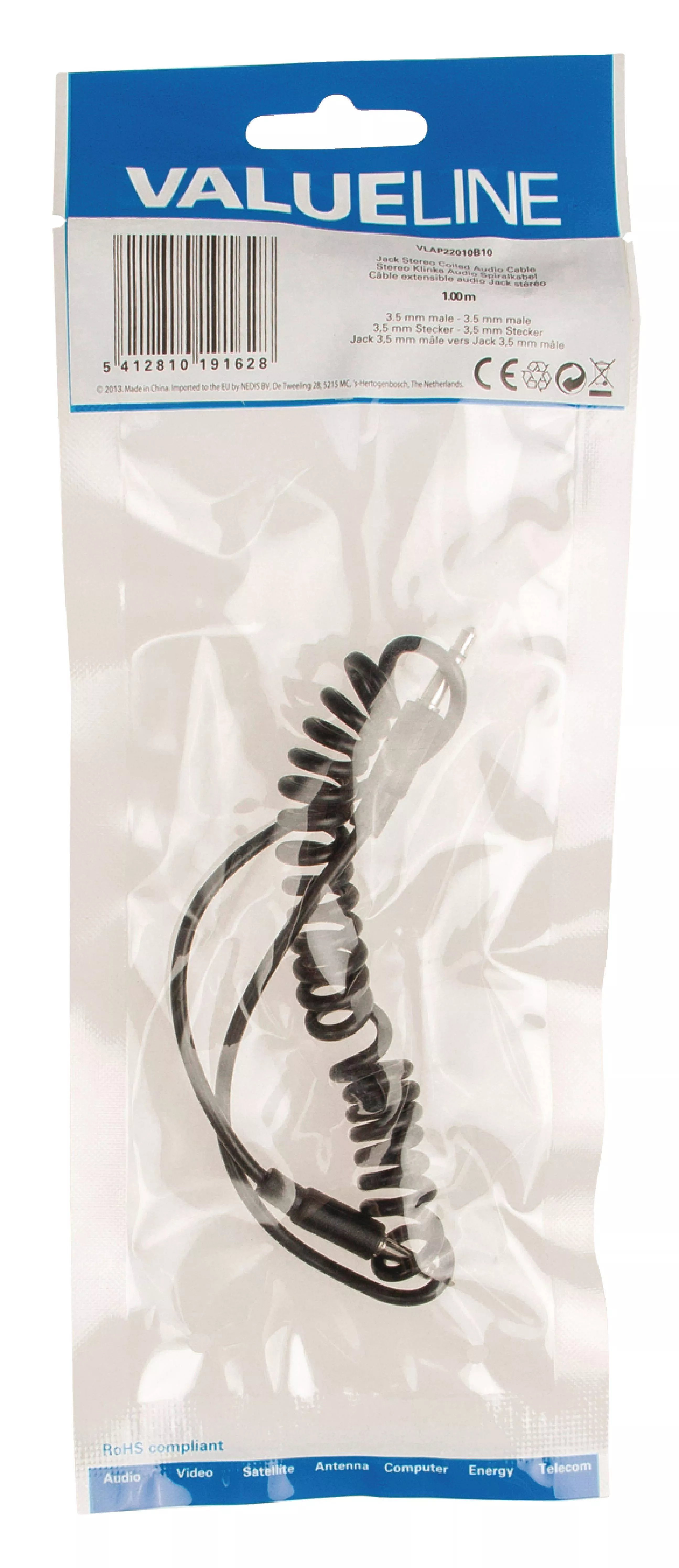 Cablu audio spiralat 3.5 mm tata - 3.5 mm tata 1m Valueline, CCA, negru, conexiune stereo, lungime 1 metru [1]