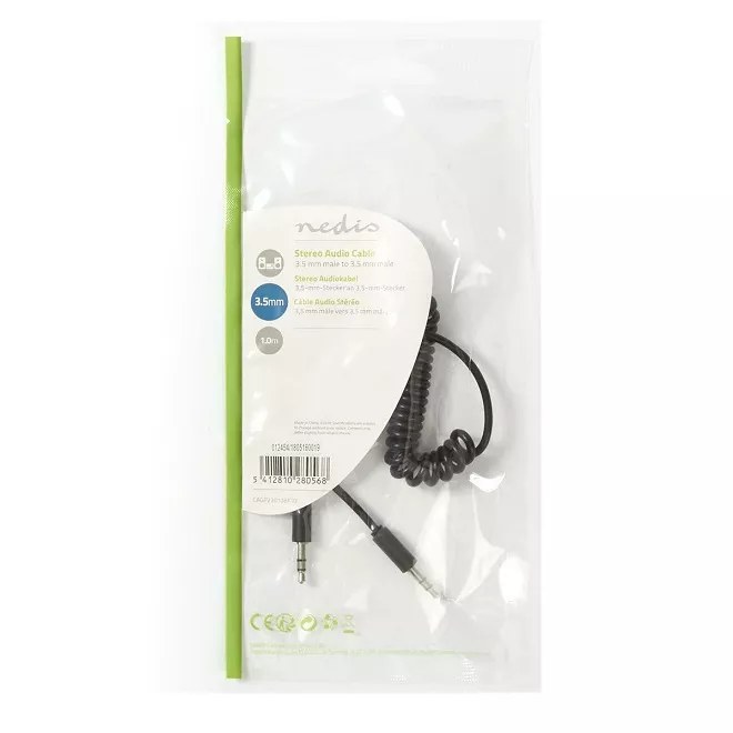 Cablu audio Jack 3.5 mm tata - 3.5 mm tata 1m spiralat negru Nedis, standard stereo, placat cu nichel [2]