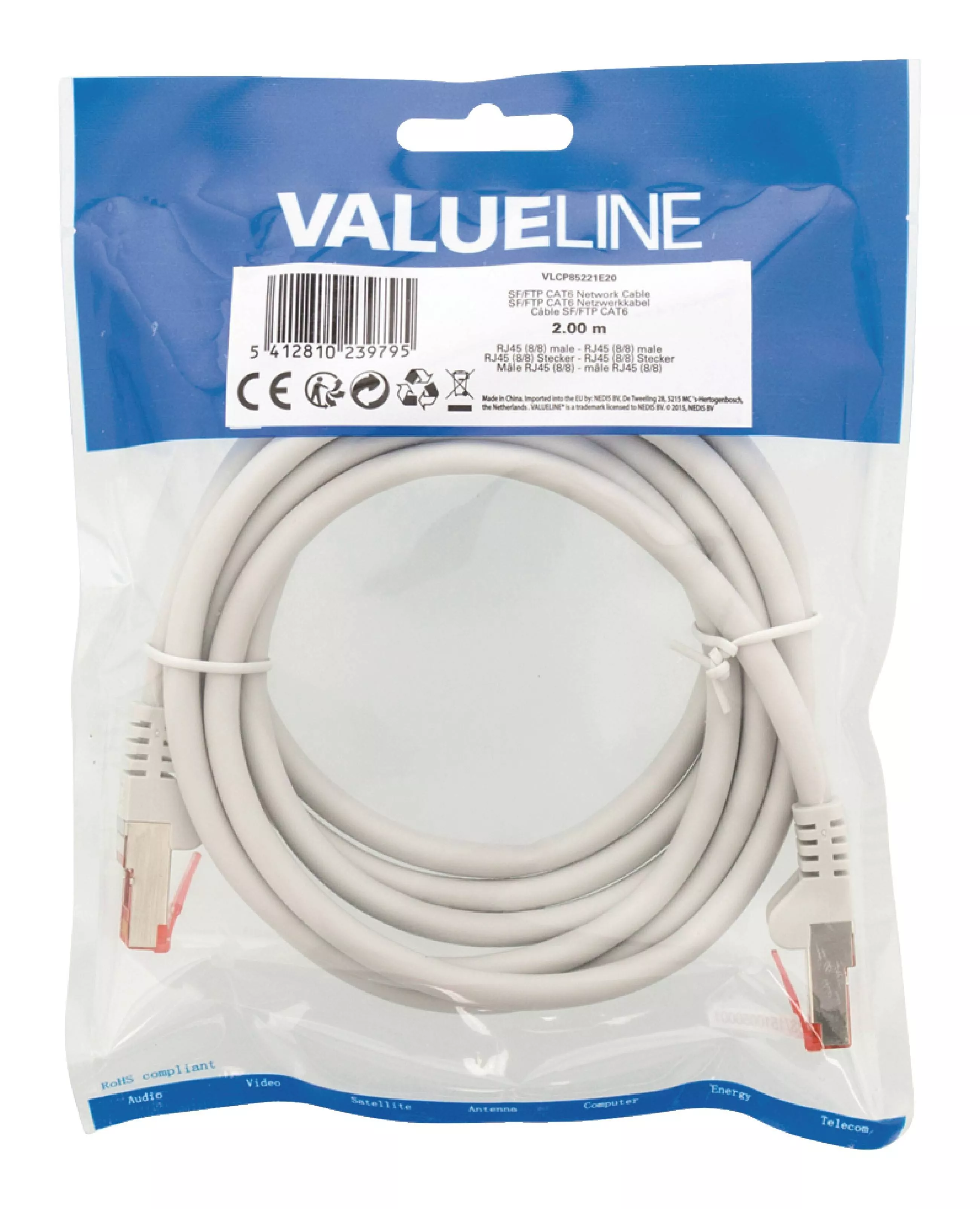 Cablu rețea CAT6 SFTP RJ45 2m gri Valueline pentru internet, conectori RJ45, standard 8P8C [1]