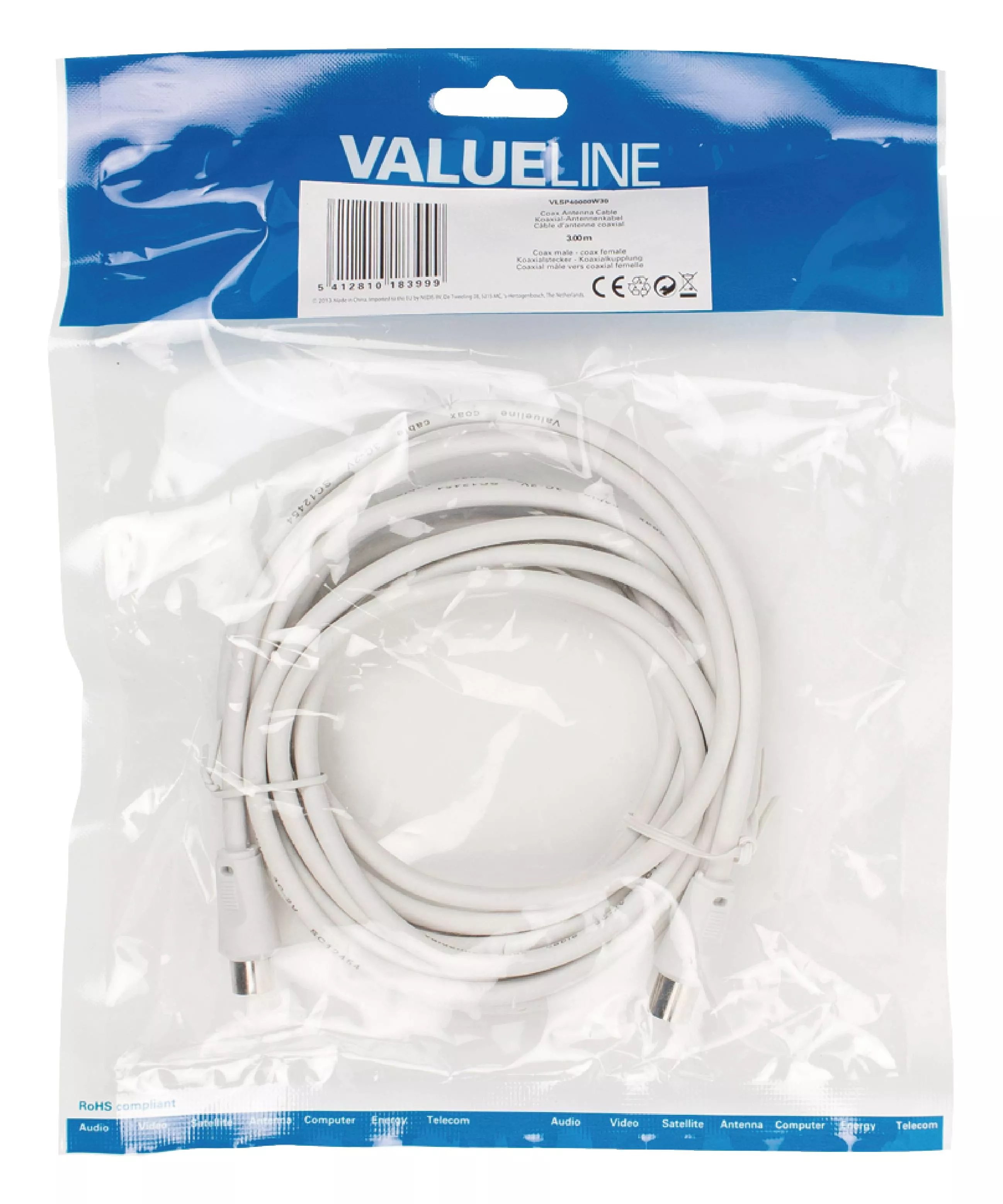 Cablu coaxial 3m alb dublu ecranat Valueline, ecranat, pentru semnal de calitate. [1]
