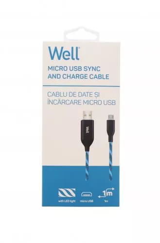 Cablu date micro USB 1m 2.1A Well cu lumina albastră, conector USB micro și RCA [2]