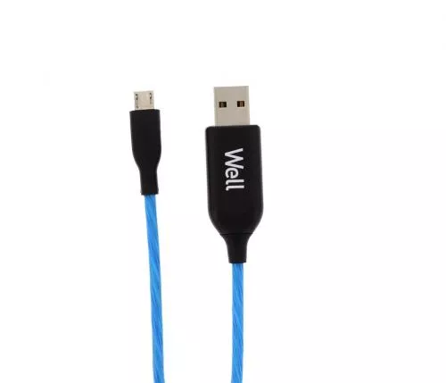 Cablu date micro USB 1m 2.1A Well cu lumina albastră, conector USB micro și RCA [1]