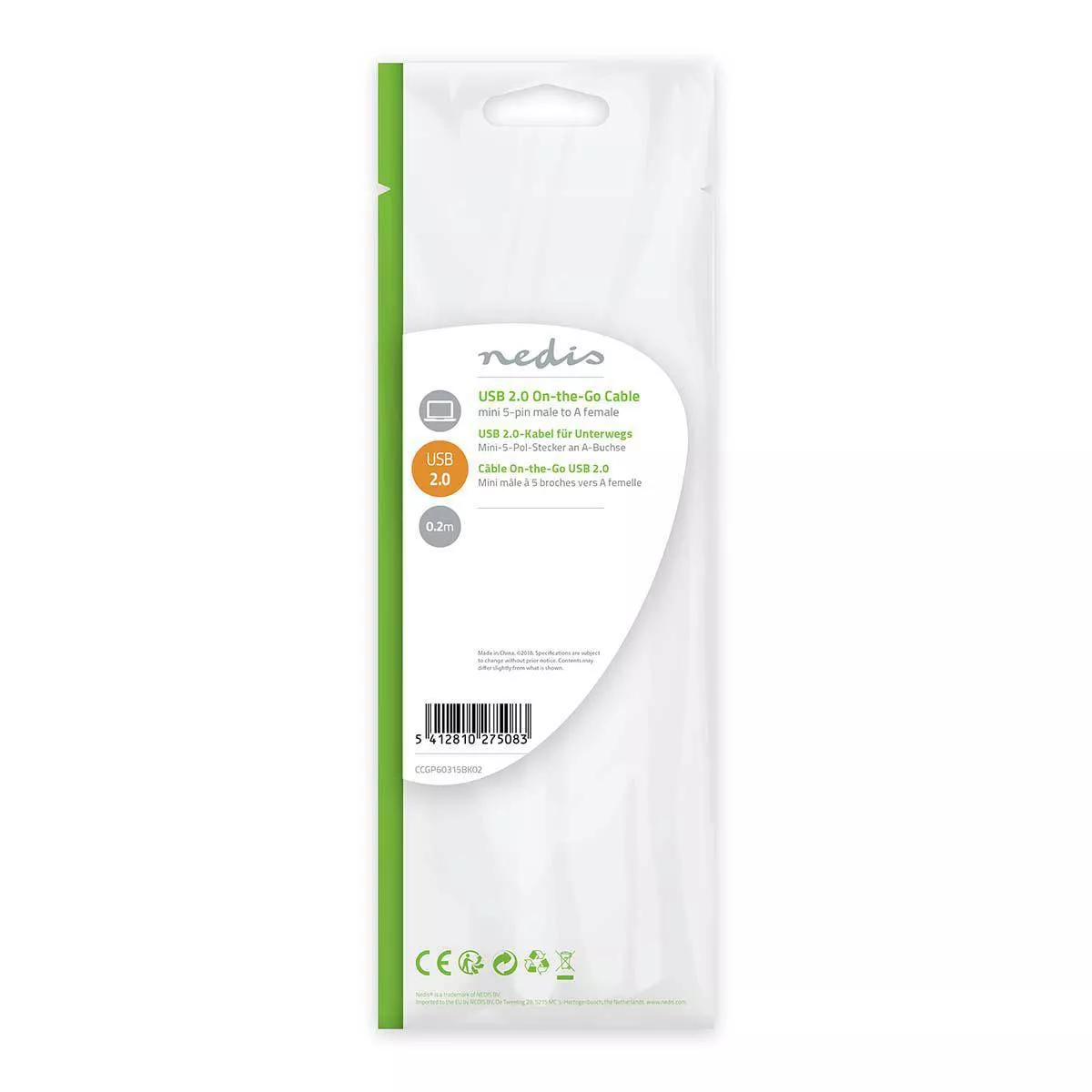 Cablu de date USB 2.0 A mama - mini USB 5 pini tata OTG 0.2m Nedis negru, adaptor pentru transfer date. [2]