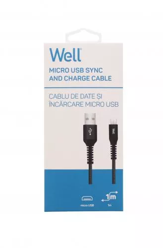 Cablu date încărcare micro USB 2.1A 1m Well negru, conector USB micro, RCA [1]