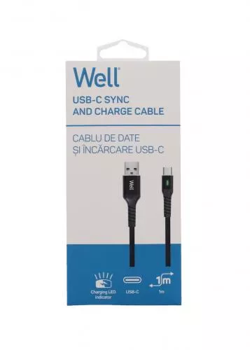 Cablu de date și încărcare USB Type C 1m Well 3A negru cu indicator de încărcare roșu/verde [2]
