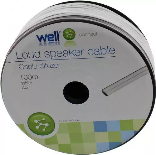 Cablu difuzor 2x0.75mm alb Well LSP-CCA0.75WE-100-WL 100m, conector difuzor, garanție 24 luni. [1]