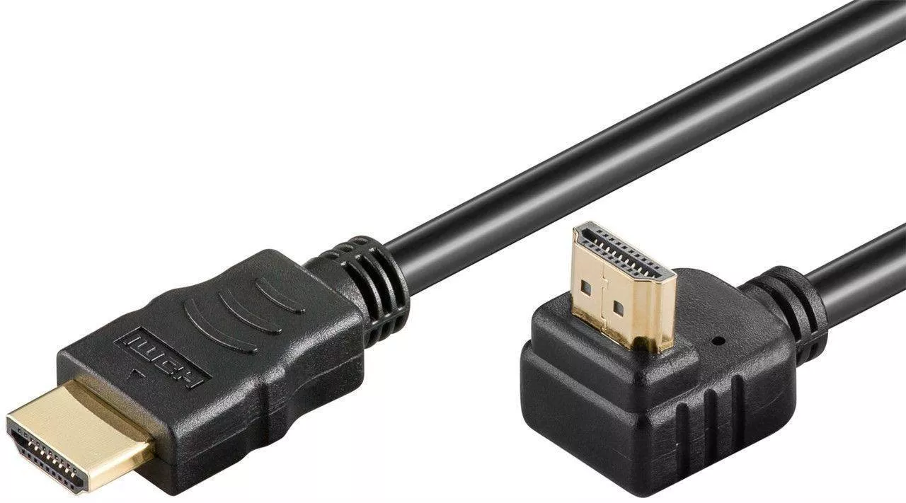Cabluri HDMI - Cablu HDMI 2.0 cu Ethernet 19 pini tata - HDMI 19 pini tata 90° aurit OFC 1.5m Goobay – IoElectronice.ro