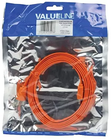 Cablu HDMI 2m plat cu ethernet Valueline, 3D, Full HD 1920 x 1080p, conectori HDMI tata, portocaliu [1]
