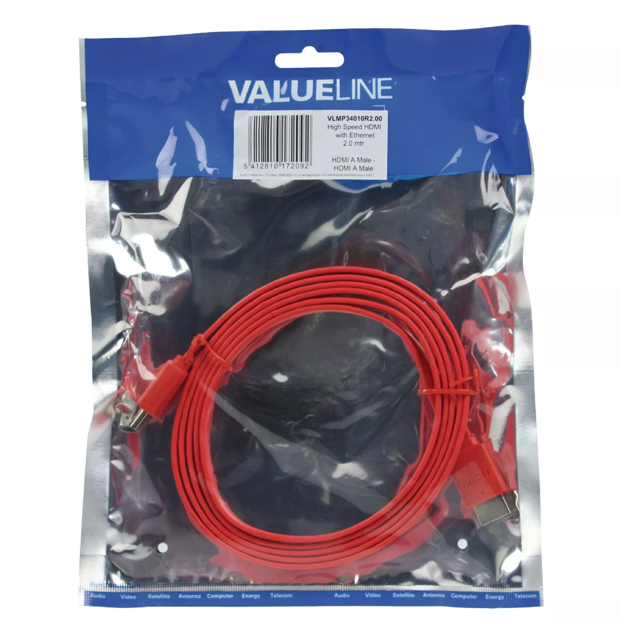 Cablu HDMI High Speed plat 2m roșu Valueline cu conectori HDMI tata, suportă Ethernet [1]