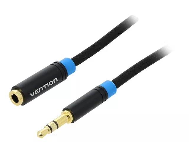 Conectica - Cablu Jack 3.5 mm mama - Jack 3.5 mm tata 5m VENTION placat cu aur, stereo, negru, tresă textilă