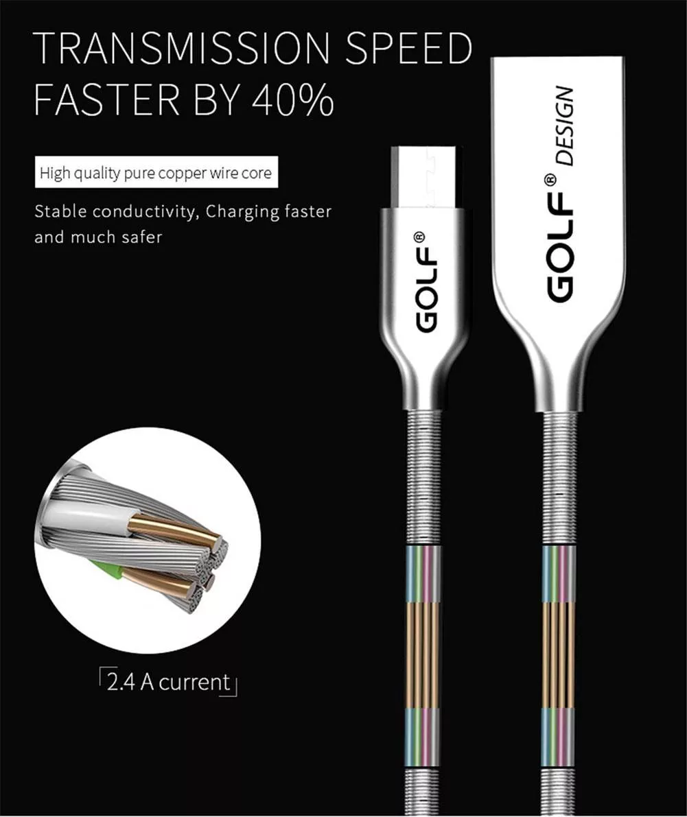 Cablu Micro USB 1m 2.4A Golf argintiu, conector micro USB tata și USB A tata, standard USB 2.0 [3]