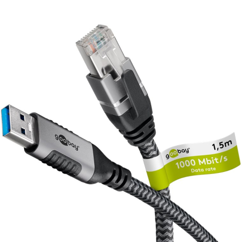 Placi de retea-Wi Fi - Cablu LAN Ethernet USB-A 3.0 la RJ45 1.5m CAT6 Gbit/s negru Goobay 70497