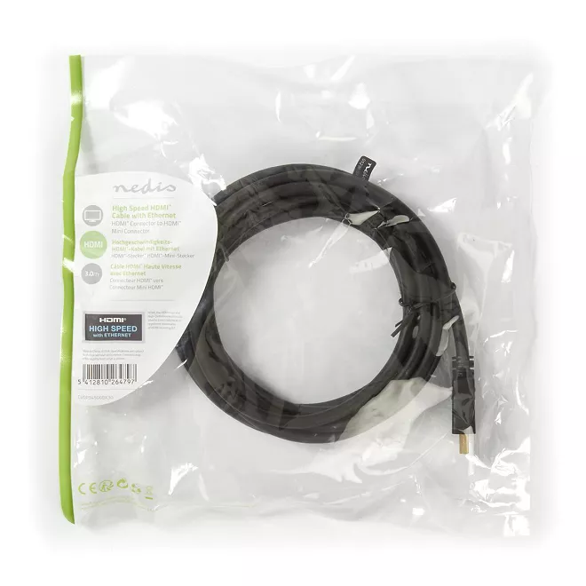 Cablu mini HDMI 3m 4K 30Hz 10.2Gbps cu Ethernet Nedis, conector mini HDMI și HDMI, placat cu aur, negru [1]