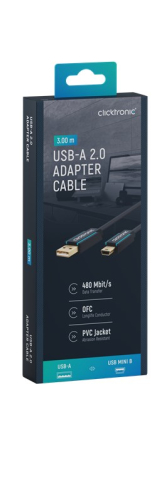Cablu mini USB 2.0 3m Hi-Speed 480Mbit/s Clicktronic 70128 conector mini USB tata și USB A tata, placat cu aur. [6]