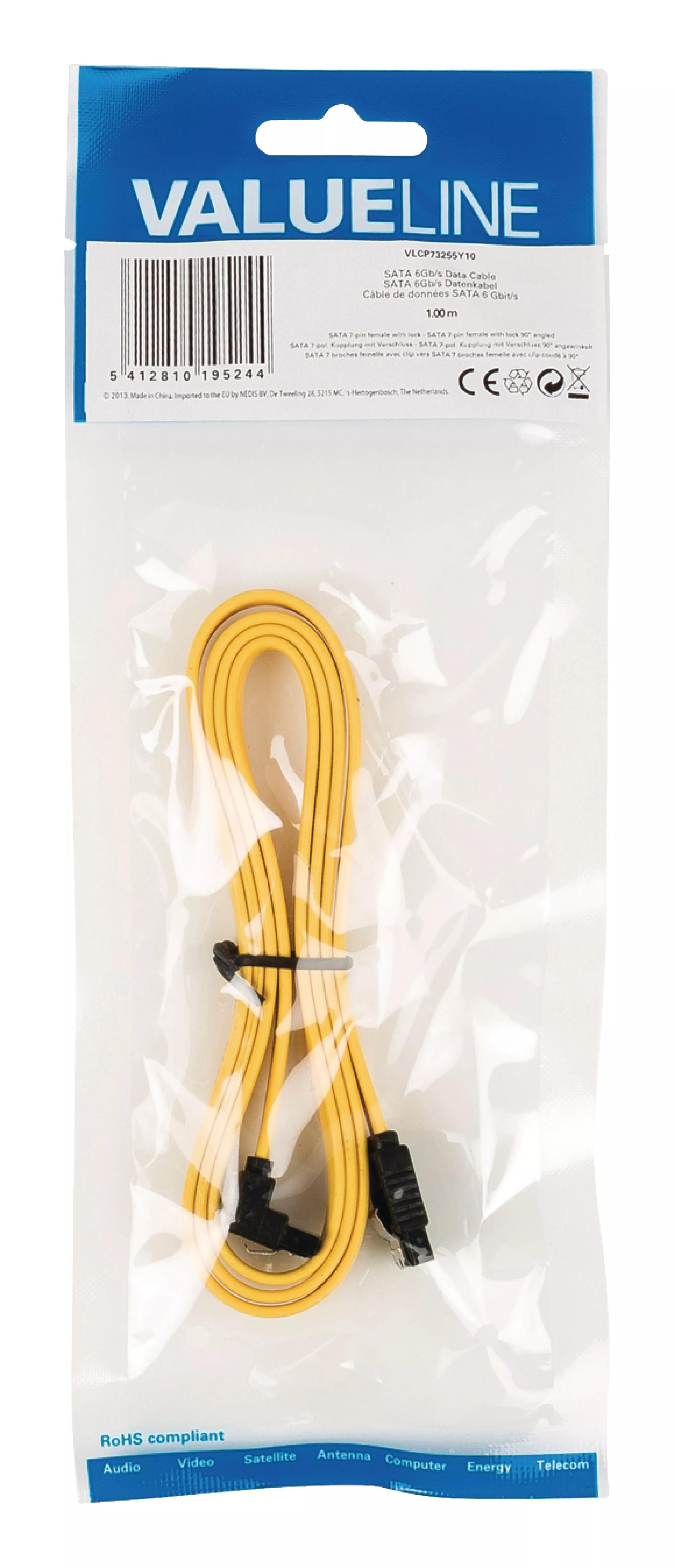 Cablu SATA 6Gb/s 7pin mama 90 grade 1m galben Valueline plat [1]