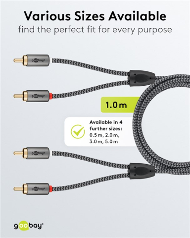 Cablu stereo 2x RCA tata-tata 1m textil negru dublu ecranat Goobay Plus 65292 contacte placate cu aur [3]