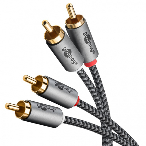 Cabluri - Cablu stereo RCA 2x Tata, 2m, flexibil, textil negru, premium, Goobay Plus 65293 pentru sistem hi-fi și home cinema