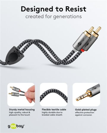 Cablu stereo Jack 3.5 mm tata - 2x RCA tata 0.5m textil negru Goobay dublu ecranat, placat cu aur [2]