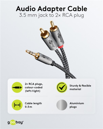 Cablu stereo Jack 3.5 mm tata - 2x RCA tata 0.5m textil negru Goobay dublu ecranat, placat cu aur [1]