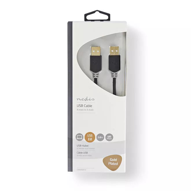 Cablu USB 2.0 A tata - A tata 2m placat cu aur Nedis, transfer 480Mbps, oxigen free, culoare gri [2]