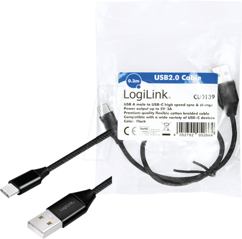 Cablu USB 2.0 A - USB Type C 0.3m negru Logilink CU0139 conectori USB A și USB Type C tata [3]