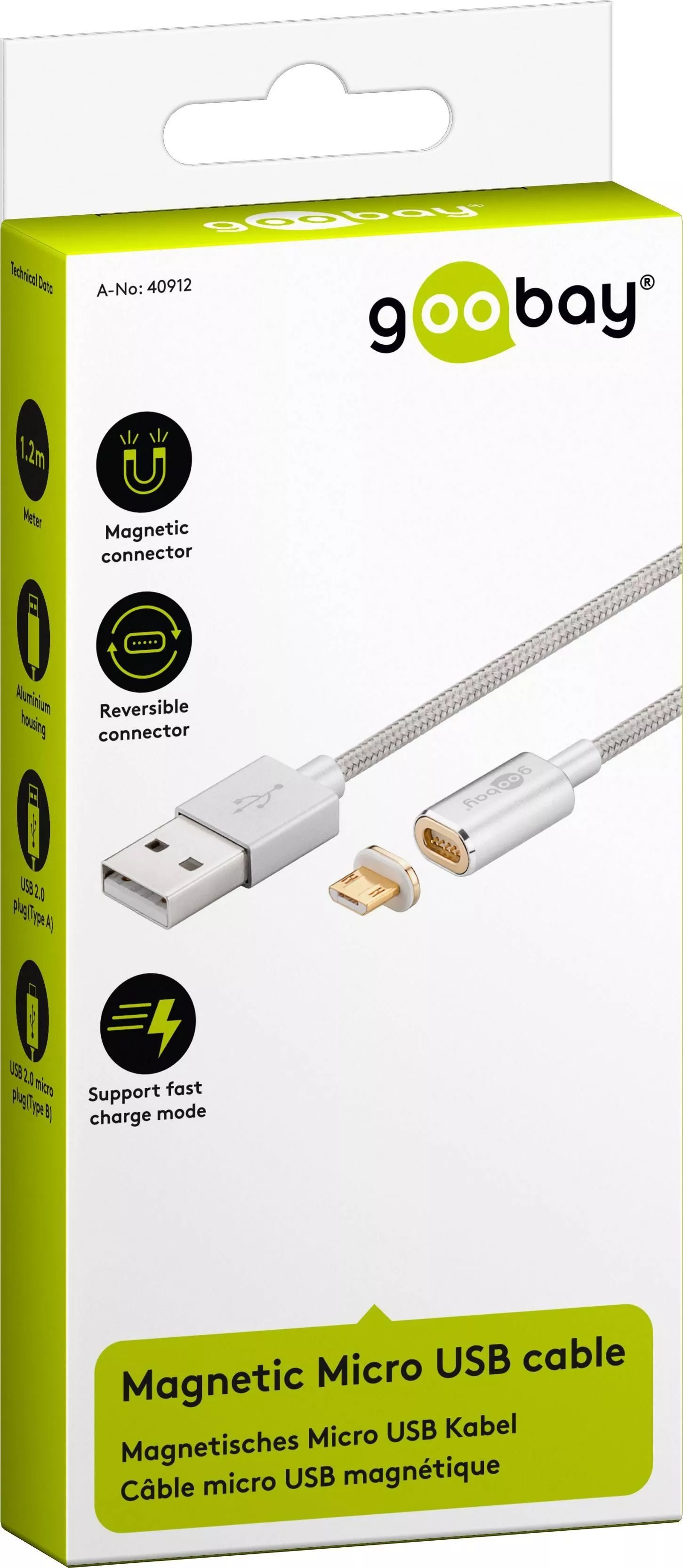 Cablu USB 2.0 micro USB 1.2m argintiu Goobay, conector micro USB tata și USB A tata, placat cu aur. [2]