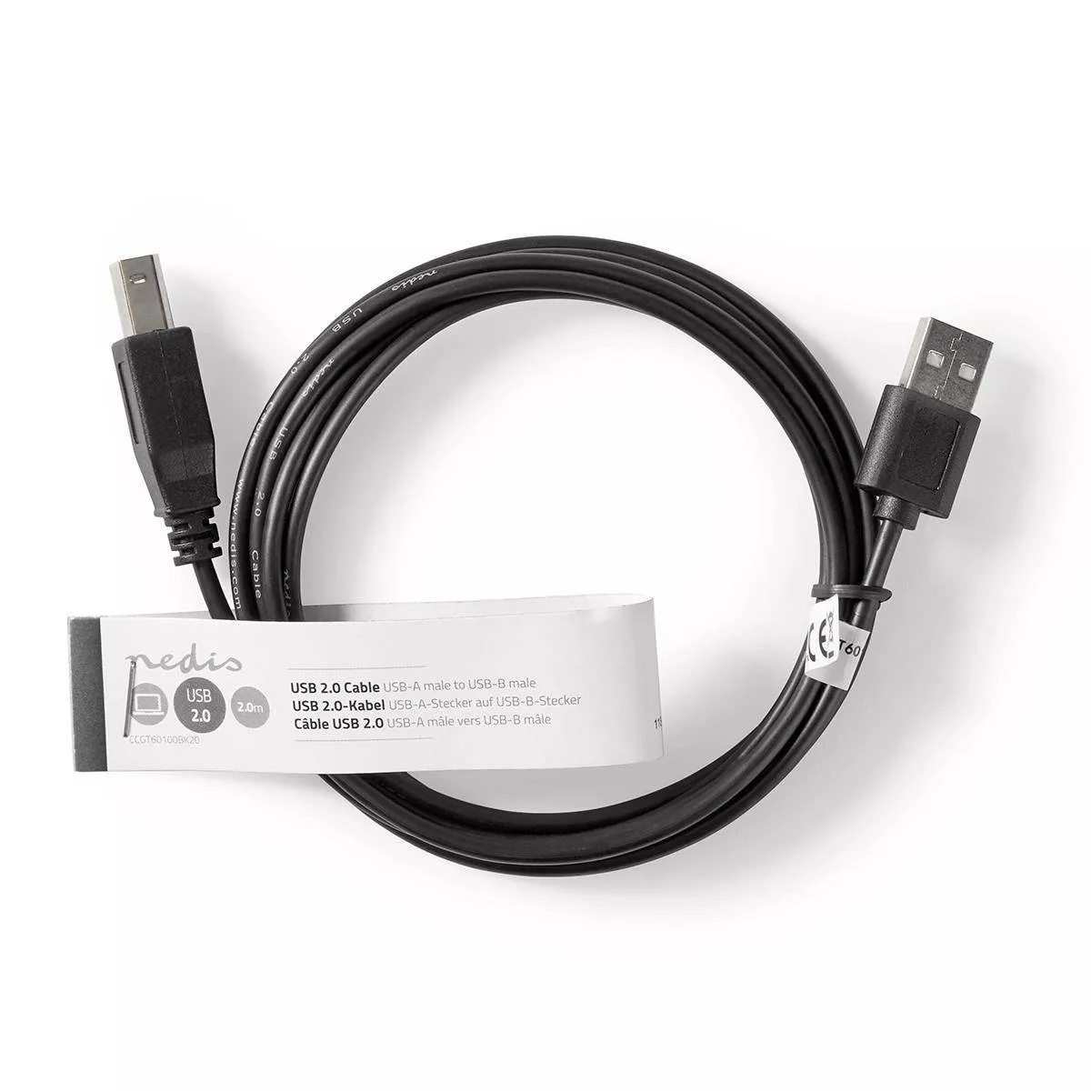 Cablu USB 2.0 A tata - B tata 2m negru Nedis, conectori rotunzi, compatibilitate universală. [2]