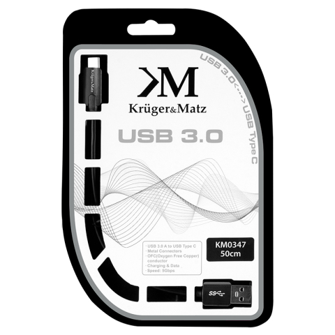 Cablu USB 3.0 0.5m USB Type C Kruger&Matz dublu ecranat, conectori USB A și USB Type C tata [1]