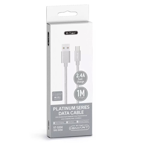 Cablu USB Type C 1m argintiu 2.4A V-Tac SKU-8492, conector USB A și USB Type C, cablu rotund cu trestie textilă. [3]