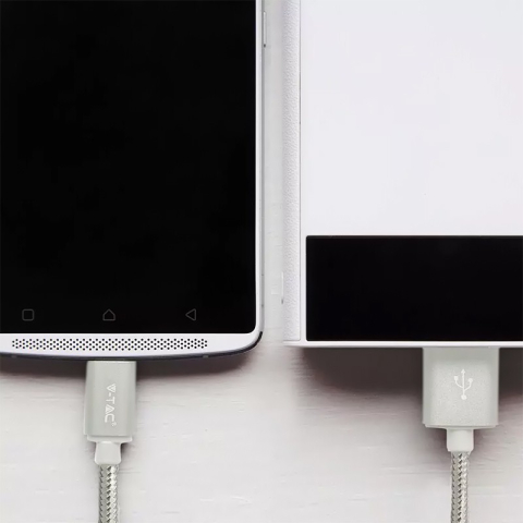 Cablu USB Type C 1m argintiu 2.4A V-Tac SKU-8492, conector USB A și USB Type C, cablu rotund cu trestie textilă. [1]