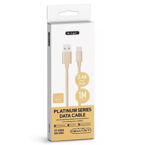 Cablu USB Type C 1m auriu 2.4A V-Tac SKU-8493, conectori USB A și USB Type C, cablu rotund cu țesătură textilă [3]