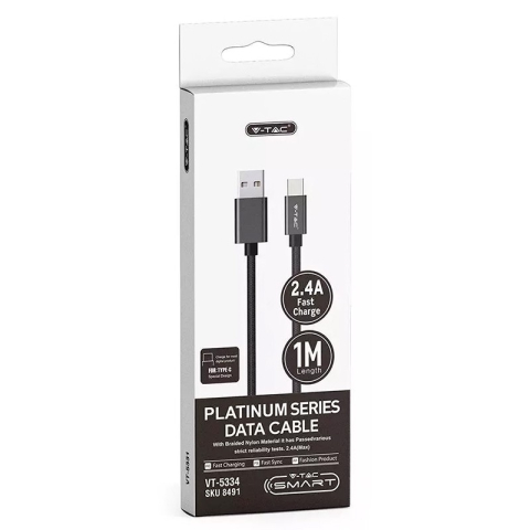 Cablu USB Type C 1m negru 2.4A V-Tac SKU-8491, conector USB A și USB Type C, cablu rotund cu trestie textilă [2]