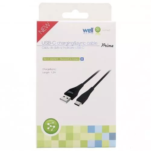 Cablu USB Type C tata - USB 2.0 tata 1.2m Well negru, conectori USB A și USB Type C, rotund [1]