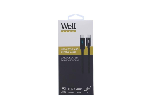 Cablu USB TYPE C 1m 100W 20V/5A negru Well tip C la tip C, standard USB 2.0, cablu rotund cu tresă textilă [1]