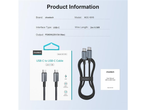 Cablu USB Type C - USB Type C PD 60W 3A 2m negru textil Choetech XCC-1015-BK [1]