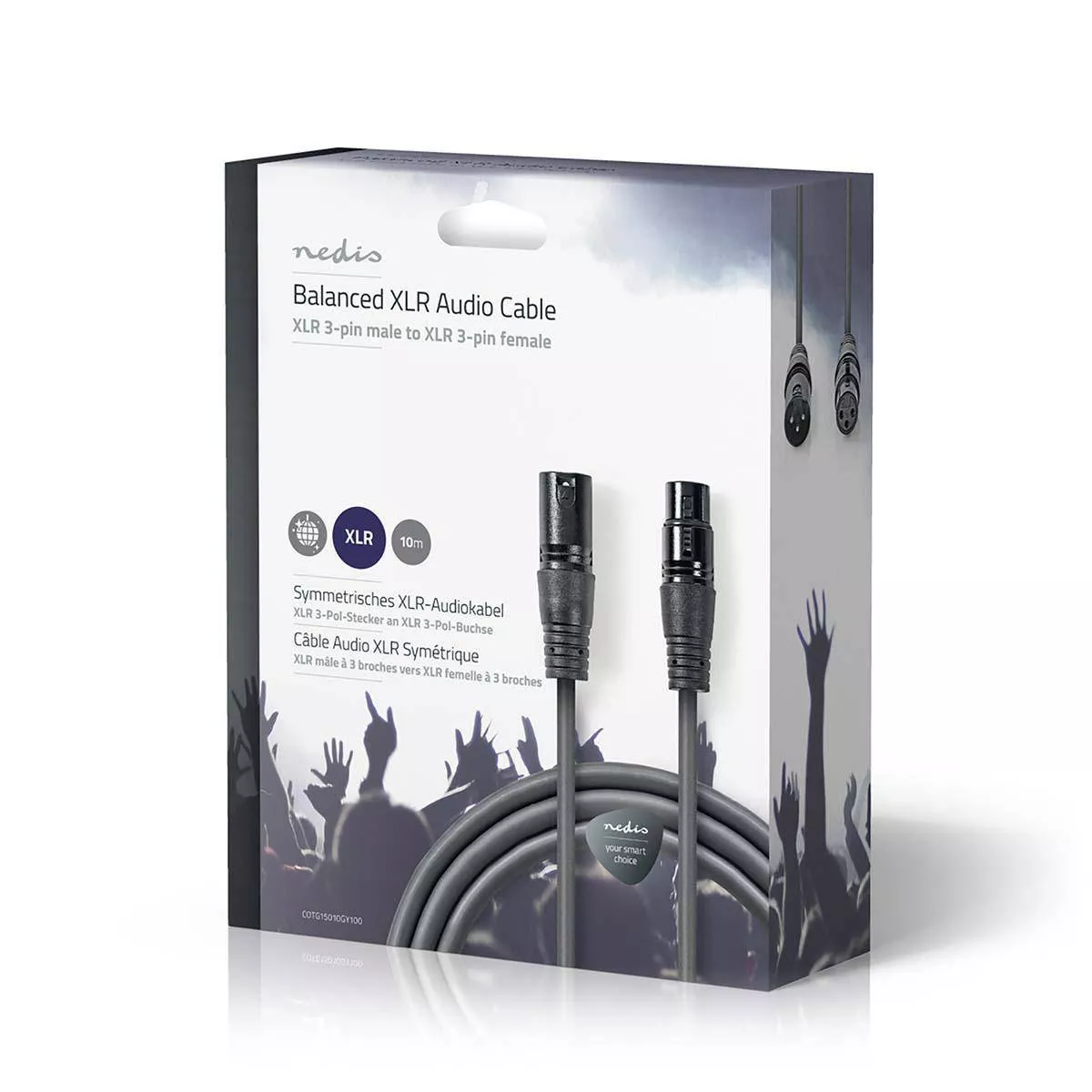 Cablu XLR stereo 3 pini tata - 3 pini mama 10m gri Nedis, cablu rotund, 24 luni garanție persoane fizice [2]