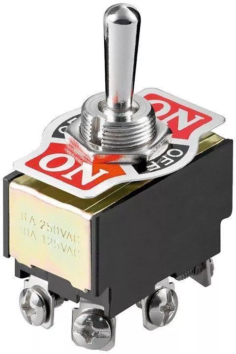 Intrerupatoare-Relee - Comutator 2x ON-OFF-ON 6 pini, 250V 6A, Goobay, cu manetă metalică, conexiune înșurubat, culoare negru