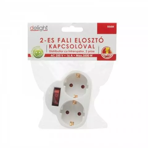 Distribuitor 1 la 2 Schuko cu întrerupător Delight, 3500 W, alb, 2 x Schuko mama, Schuko tata, garanție 24 luni. [2]