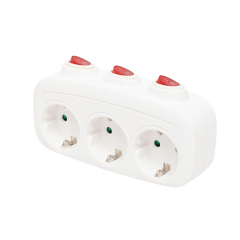 Triplu stechere - Distribuitor 3 prize SCHUKO cu protecție și întrerupător individual alb TPF 3K – IoElectronice.ro