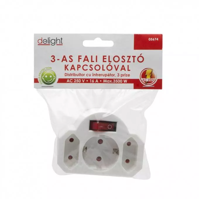 Distribuitor triplu 1x Schuko + 2x Euro 16A 3500W cu întrerupător alb Delight [2]