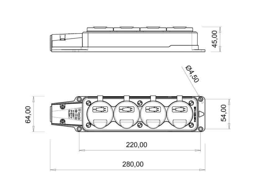 Fisa SCHUKO cauciuc Bemis BK1-1402-3614, 2P+E, 4 ieșiri, 16A, 250V, IP54, negru, 230V AC, 3500W [1]